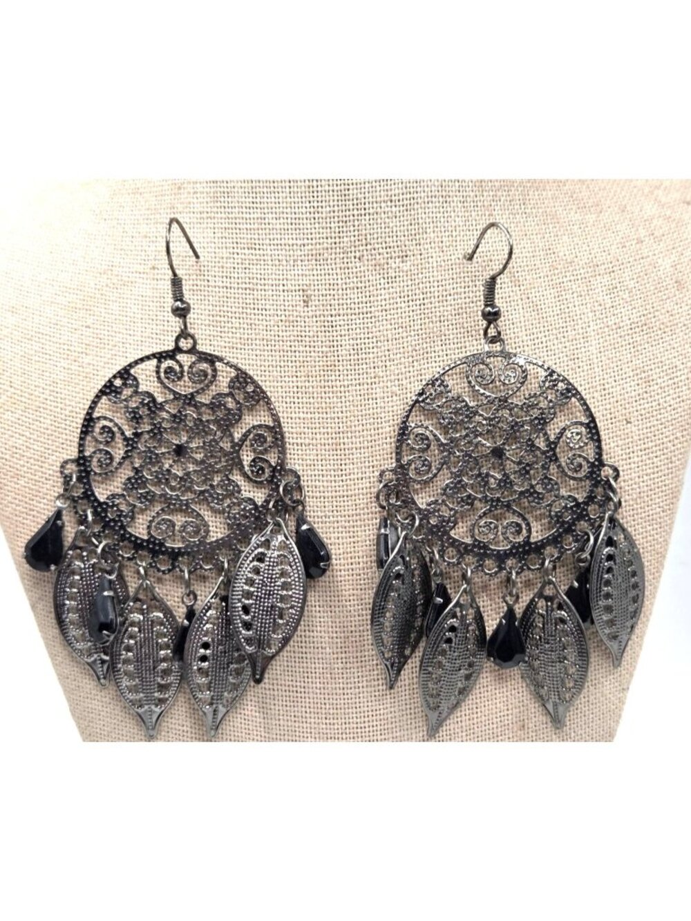 Silver Tone Filigree Chandelier Earrings With Black Beads And Dangling Leaf Acce